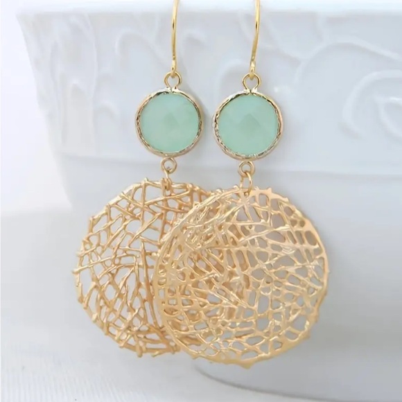 kristine’s closet Jewelry - Chic Gold and Mint Green Stone Dangle Earrings